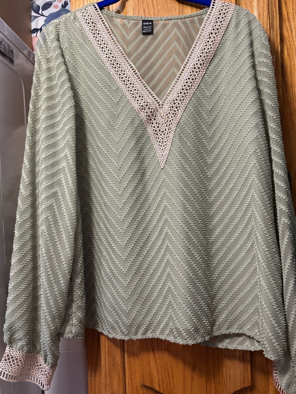 SHEIN Sage Green Chevron Blouse with Cream Crochet Trim